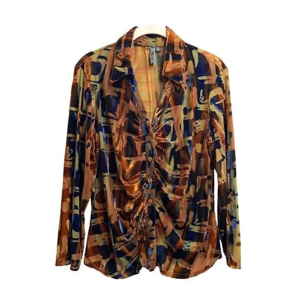 Sno Skins burnt velvet button up ruched shirt blouse Size XL - Picture 1 of 6